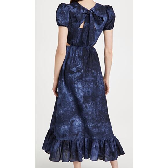 Likely Rosa Dress Womens 2 Indigo Blue Tie-Dye Puff Sleeve Maxi Cut Out Flounce - Picture 3 of 15